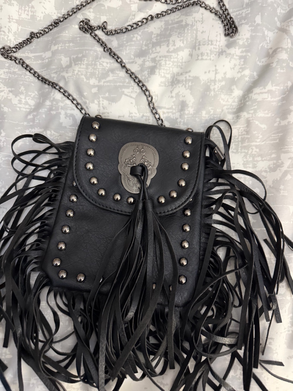 Fringed Studded Skull Crossbody Bag - Black